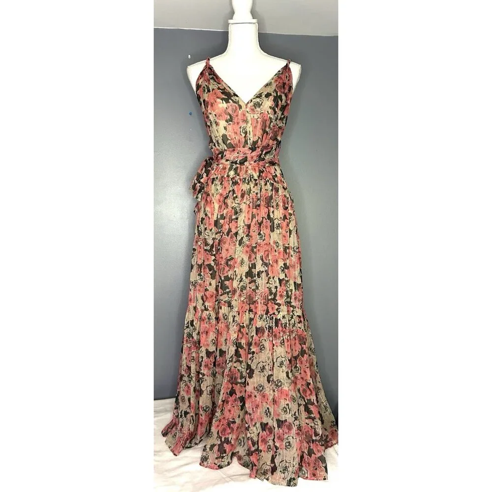 ASTR the Label Eartha Floral Tiered Maxi Dress M Multicolor Taupe Pink Beautiful - Picture 15 of 16